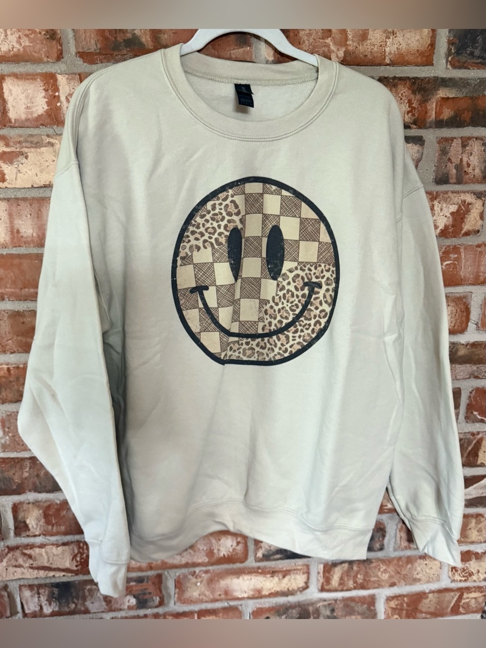 Gildan Tan Sweatshirt with Brown Checkered & Leopard Smiley Graphic